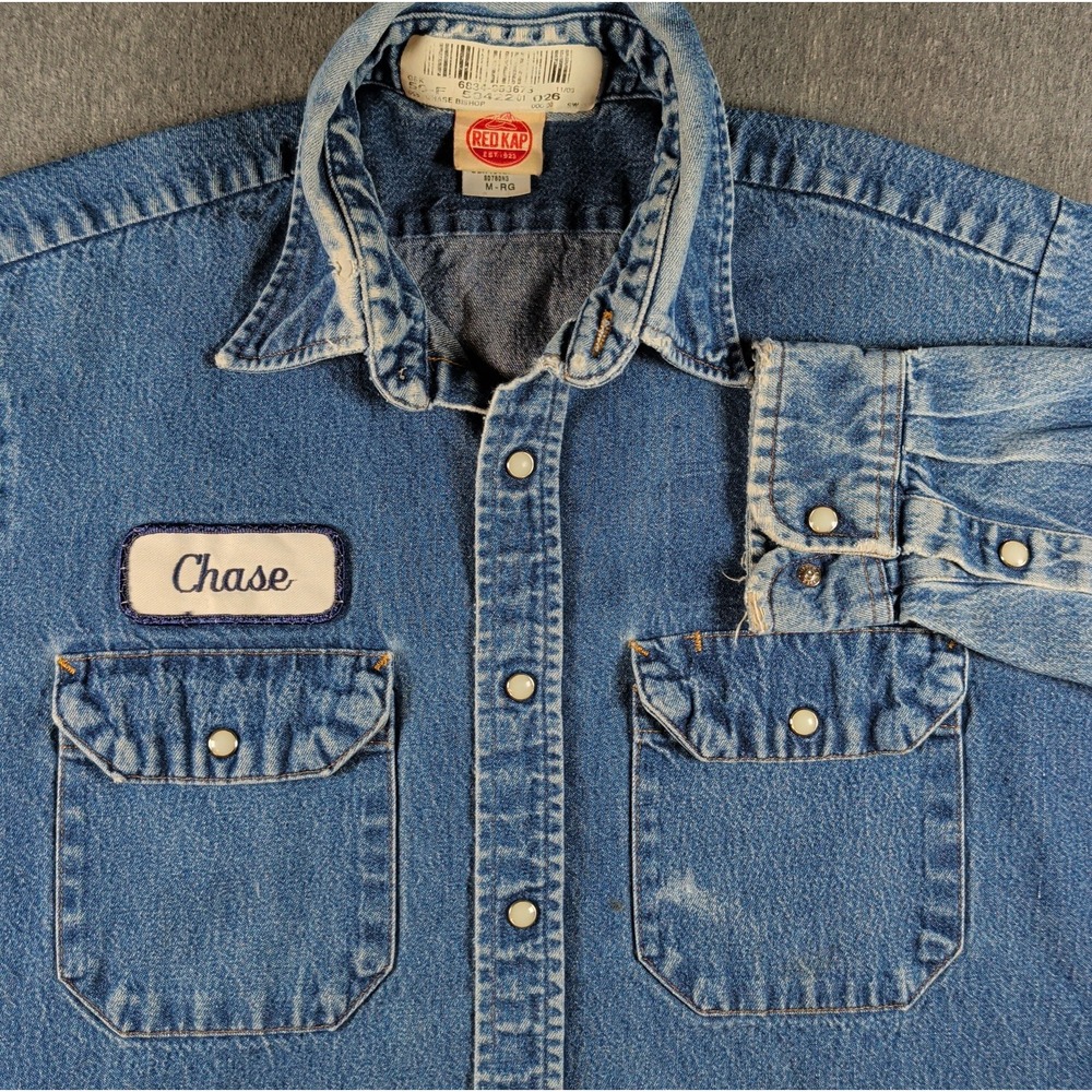 Red Kap Denim Snap Button Shirt Sz M Cotton Distressed Thrashed Workwear Chase